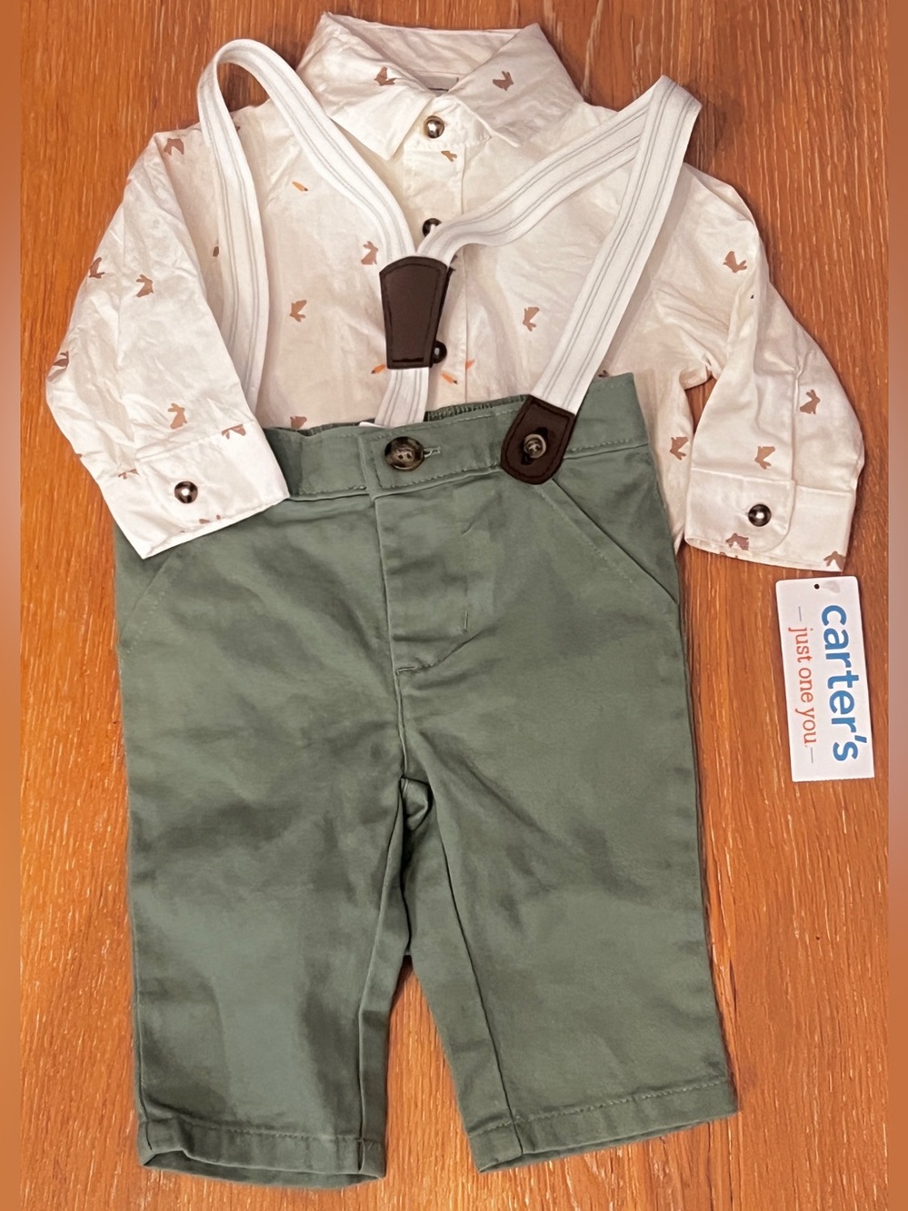 Carter's Olive Green Pants with White Suspenders and Cream Shirt